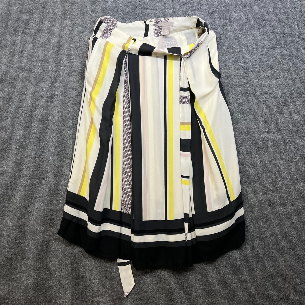 H&M Striped A-Line Midi Skirt Womens Yellow Black White Striped Pleated Belted 8